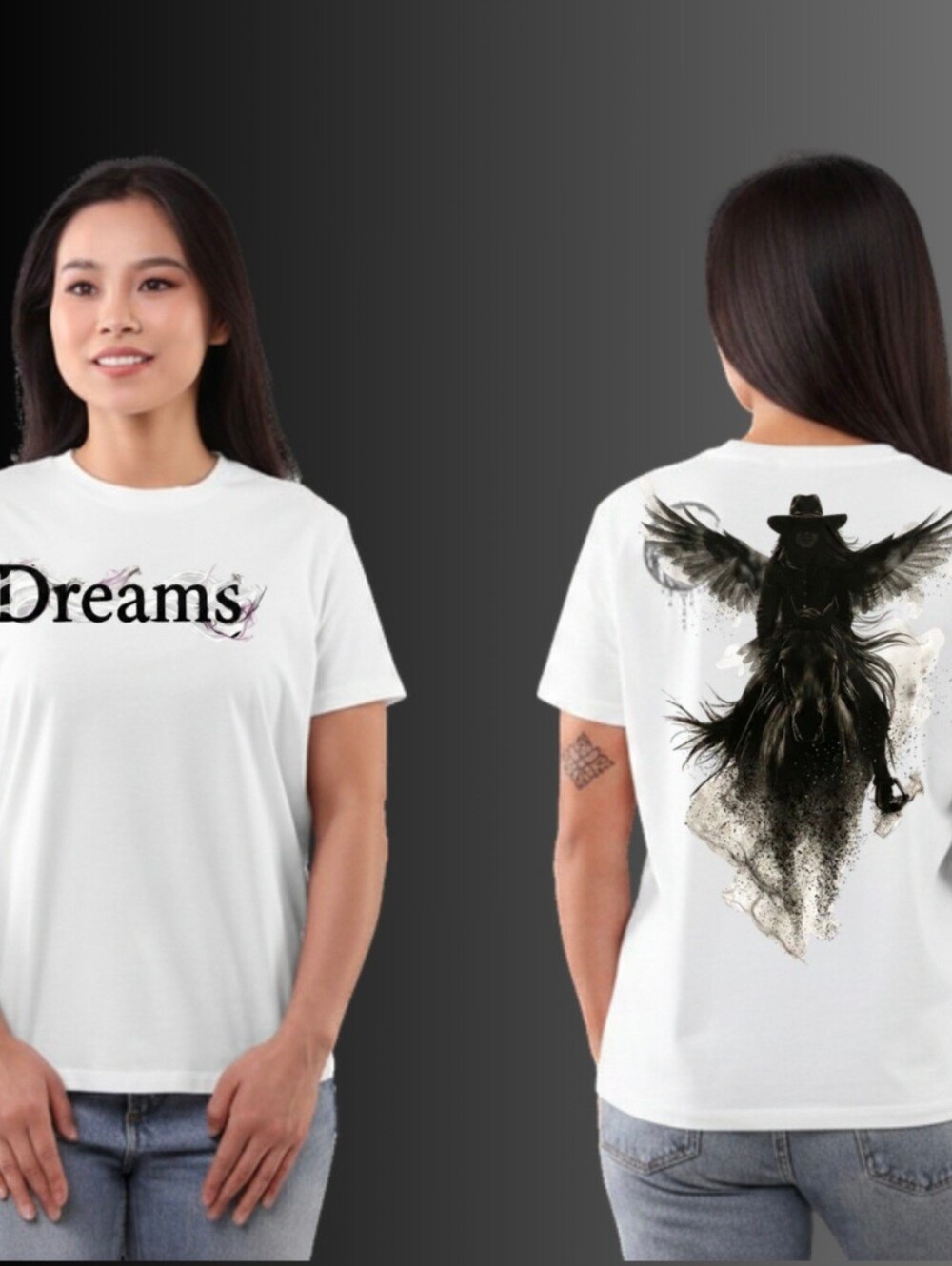 Luxury White Dreams Cowgirl Angel Wings Horse Graphic Tee Size L